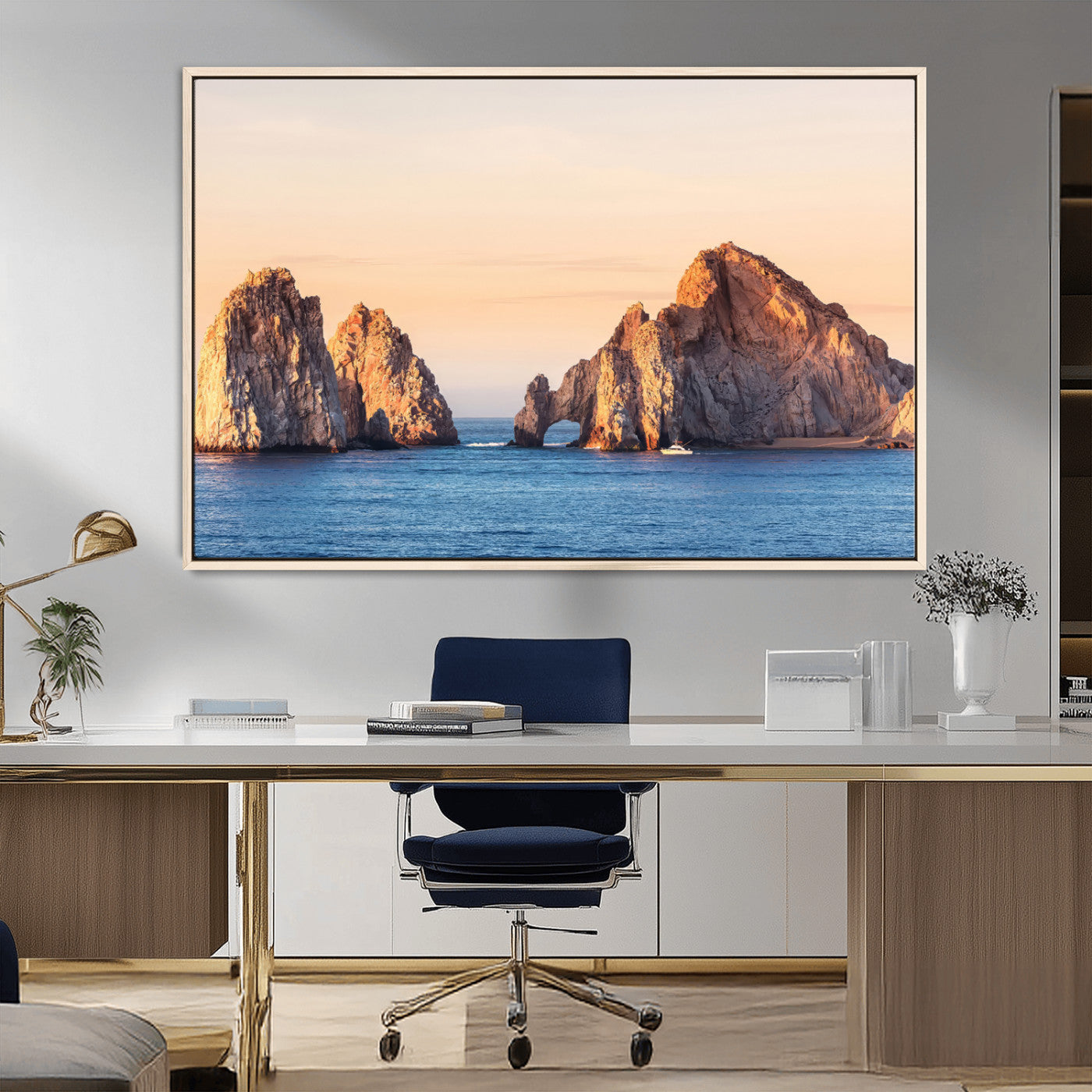 72996116-MGV-FC-36X24_Natural-El Arco Wall Art Canvas Print, Framed Cabo Rocks Art Picture Print, Ocean Arch Perfect Golden Coastal Landmark Decor Artwork