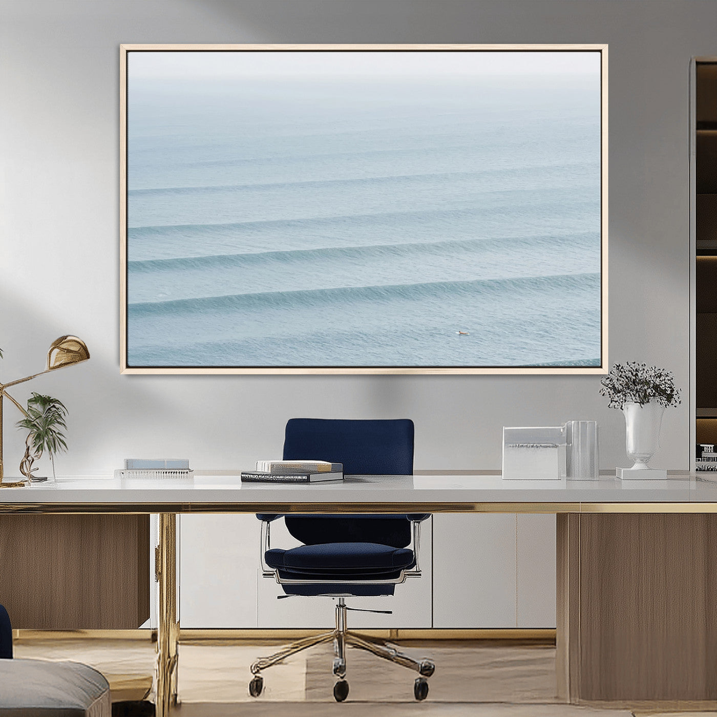 47814787-MGV-FC-36X24_Natural-Ocean Waves Wall Art Canvas Print, Framed Solo Surfer Art Picture Print, Wave Lines Perfect Minimalist Ocean Decor Artwork