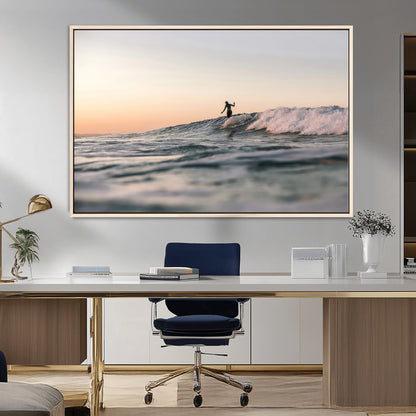 58502923-MGV-FC-36X24_Natural-Wave Rider Wall Art Canvas Print, Framed Ocean Wave Art Picture Print, Riding Surf Perfect Sunset Surf Decor Artwork