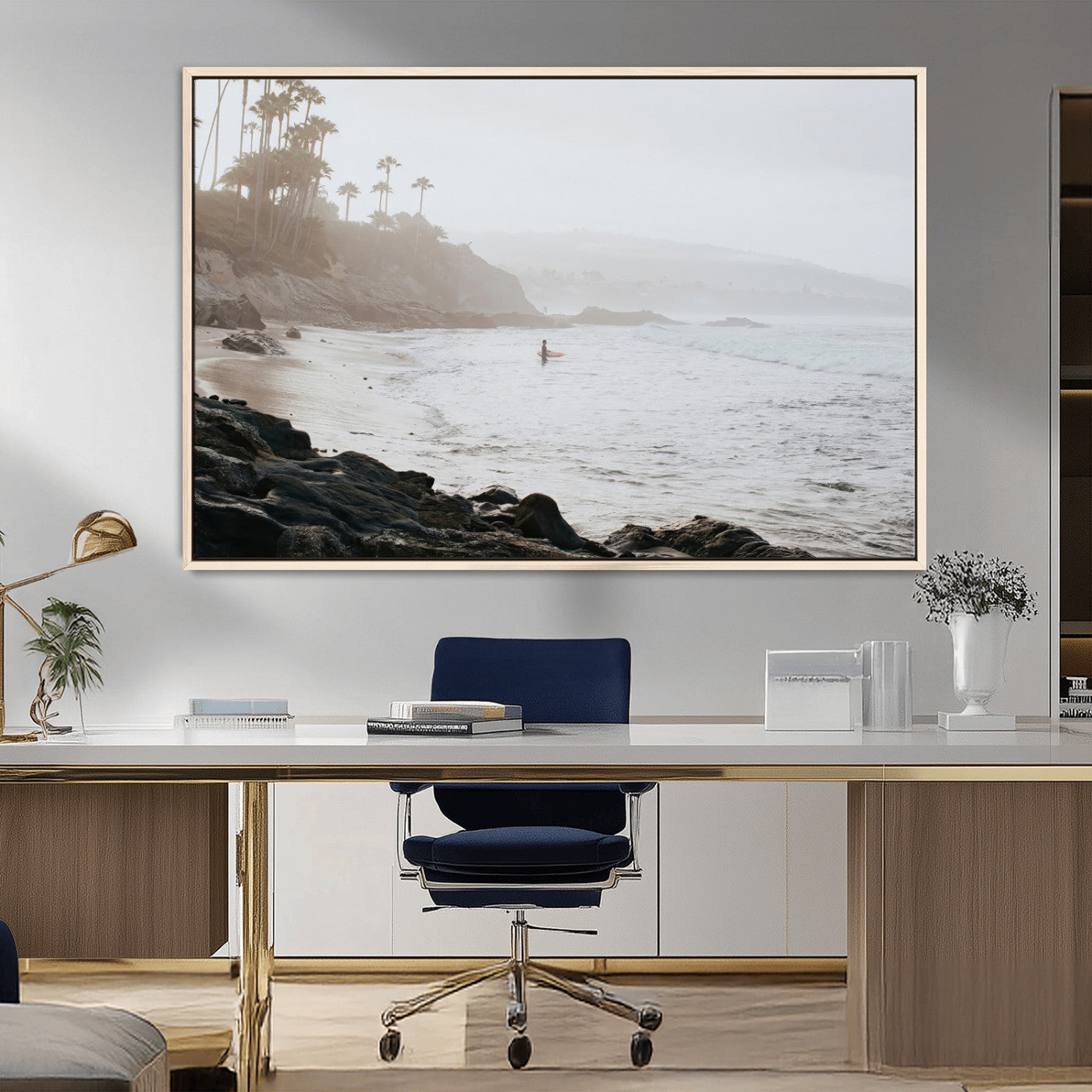 62501405-MGV-CV-36X24-Misty Beach Wall Art Canvas Print, Framed California Surfer Art Picture Print, Coastal Cliff Perfect Coastal Beach Decor Artwork