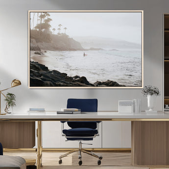 62501405-MGV-CV-36X24-Misty Beach Wall Art Canvas Print, Framed California Surfer Art Picture Print, Coastal Cliff Perfect Coastal Beach Decor Artwork
