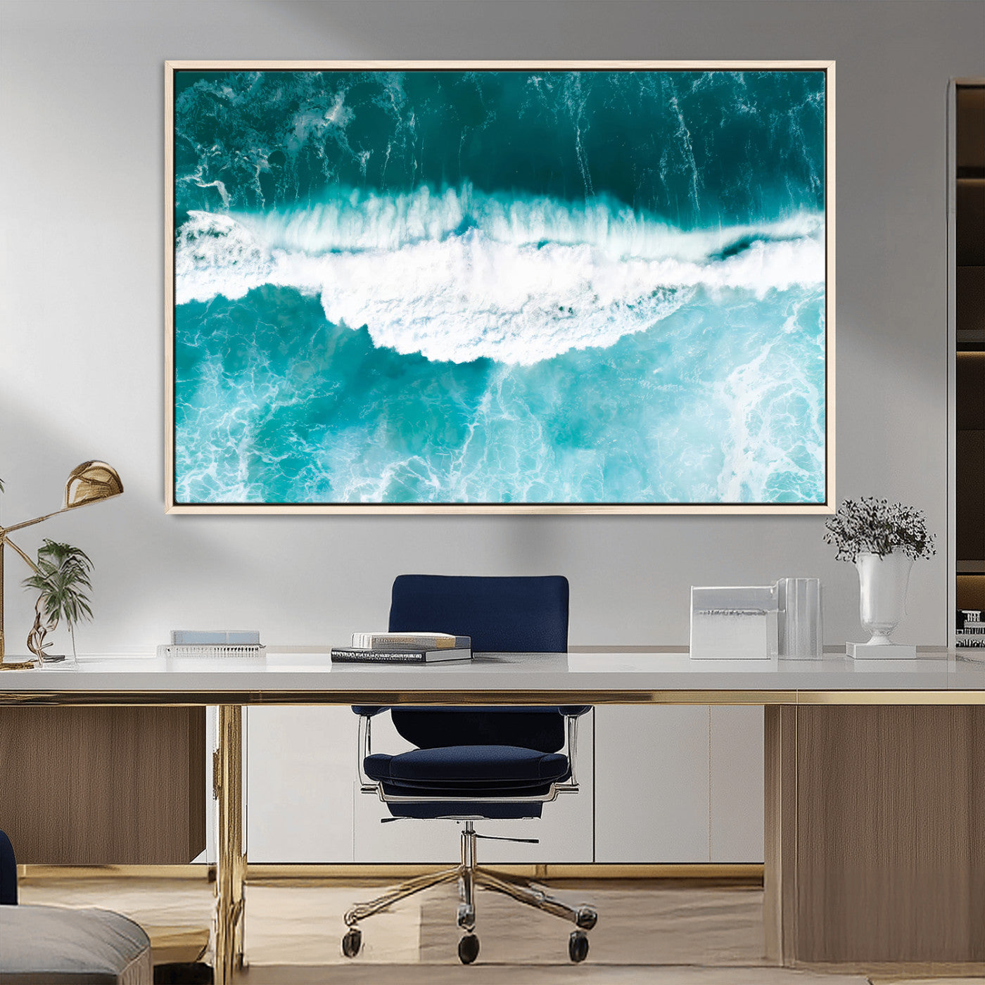 23828594-MGV-CV-36X24-Aerial Waves Wall Art Canvas Print, Framed Ocean Break Art Picture Print, Sea Foam Perfect Tropical Coastal Decor Artwork