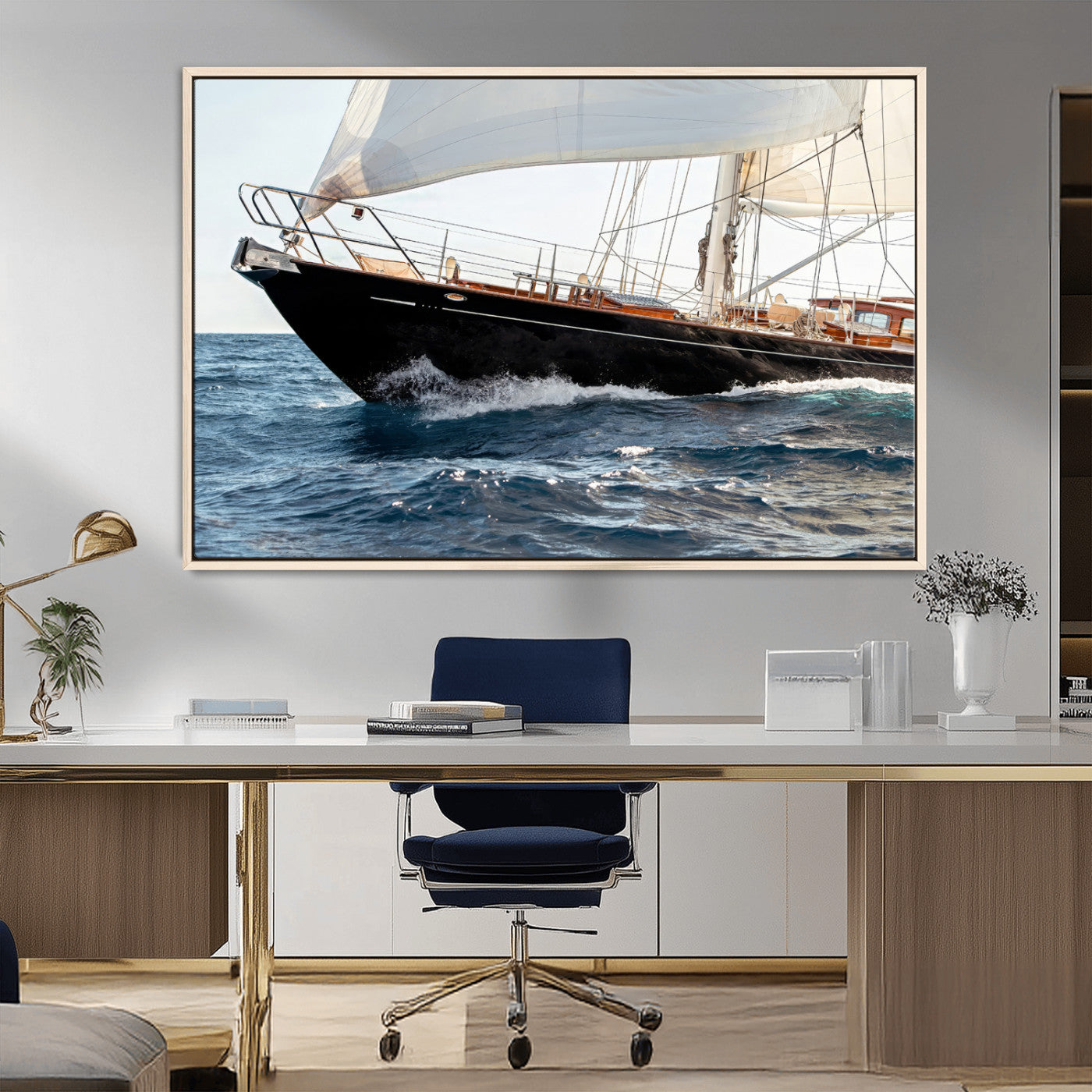 97168626-MGV-CV-36X24-Sailing Yacht Wall Art Canvas Print, Framed Wooden Yacht Art Picture Print, Ocean Waves Perfect Nautical Coastal Decor Artwork