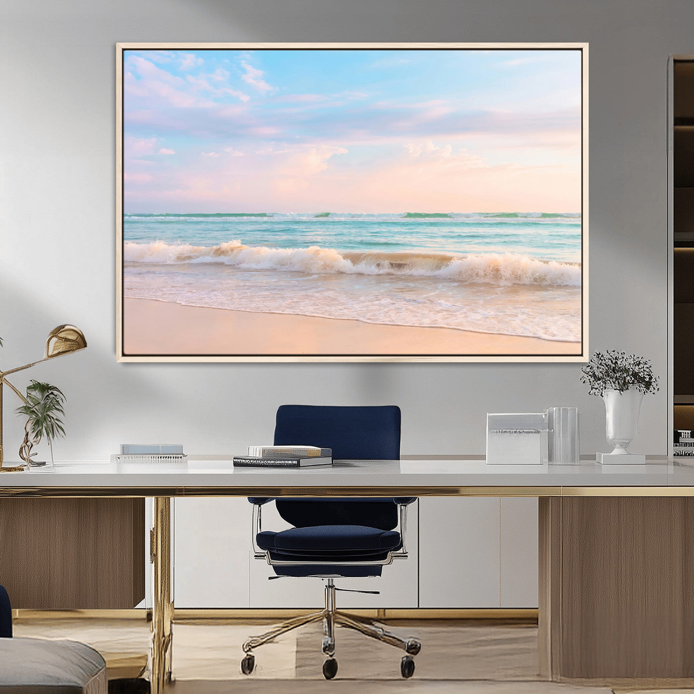 74679437-MGV-FC-36X24_Natural-Pastel Ocean Wall Art Canvas Print, Framed Beach Waves Art Picture Print, Soft Sunset Perfect Pastel Coastal Decor Artwork
