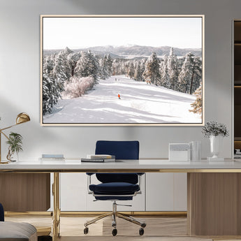 62119206-MGV-CV-36X24-Snowy Trail Wall Art Canvas Print, Framed Ski Slope Art Picture Print, Winter Pines Perfect Alpine Adventure Decor Artwork