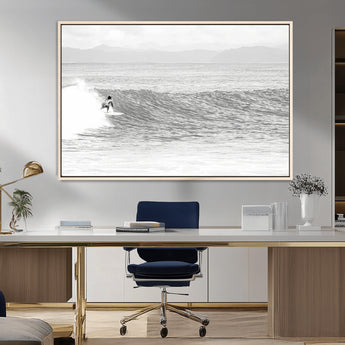 81535128-MGV-FC-36X24_Natural-Surfer Woman Wall Art Canvas Print, Framed Black Ocean Art Picture Print, Ocean Surfing Perfect Monochrome Coastal Decor Artwork