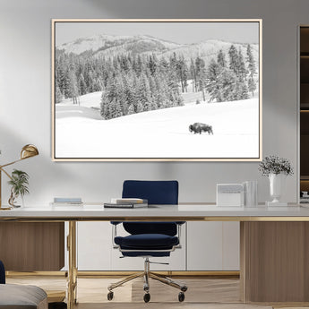 68081143-MGV-CV-36X24-Snowy Bison Wall Art Canvas Print, Framed Winter Forest Art Picture Print, Lone Bison Perfect Monochrome Winter Wild Decor Artwork