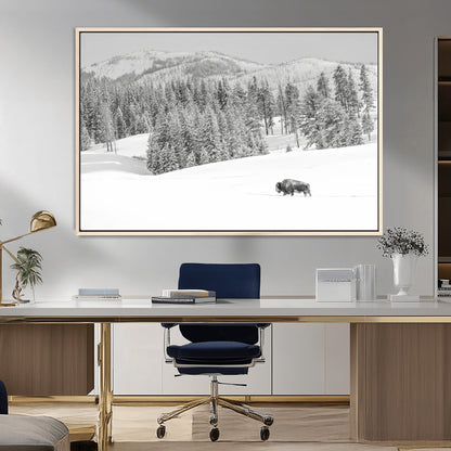 68081143-MGV-CV-36X24-Snowy Bison Wall Art Canvas Print, Framed Winter Forest Art Picture Print, Lone Bison Perfect Monochrome Winter Wild Decor Artwork