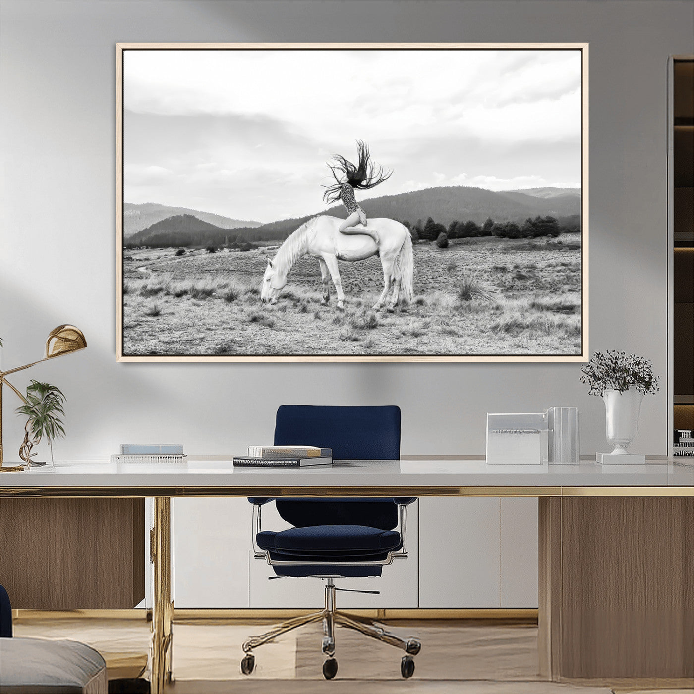 62789800-MGV-FC-36X24_Natural-White Horse Wall Art Canvas Print, Framed Woman Rider Art Picture Print, Equestrian Pose Perfect Western Boho Decor Artwork