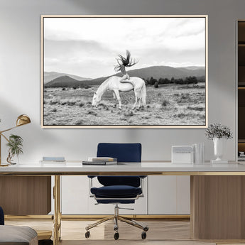 62789800-MGV-FC-36X24_Natural-White Horse Wall Art Canvas Print, Framed Woman Rider Art Picture Print, Equestrian Pose Perfect Western Boho Decor Artwork