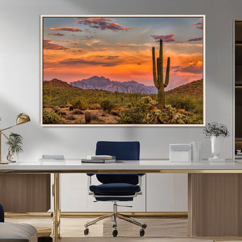 25332783-MGV-CV-36X24-Saguaro Cactus Wall Art Canvas Print, Framed Arizona Sunset Art Picture Print, Sonoran Desert Perfect Southwestern Boho Decor
