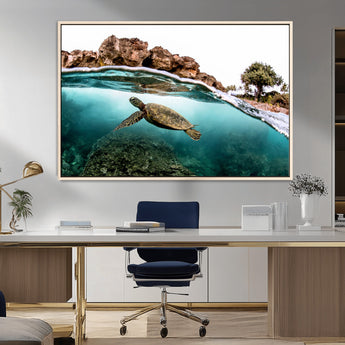44200301-MGV-CV-36X24-Sea Turtle Swim Wall Art Canvas Print, Framed Ocean Life Art Picture Print, Tropical Shoreline Perfect Tropical Coastal Decor