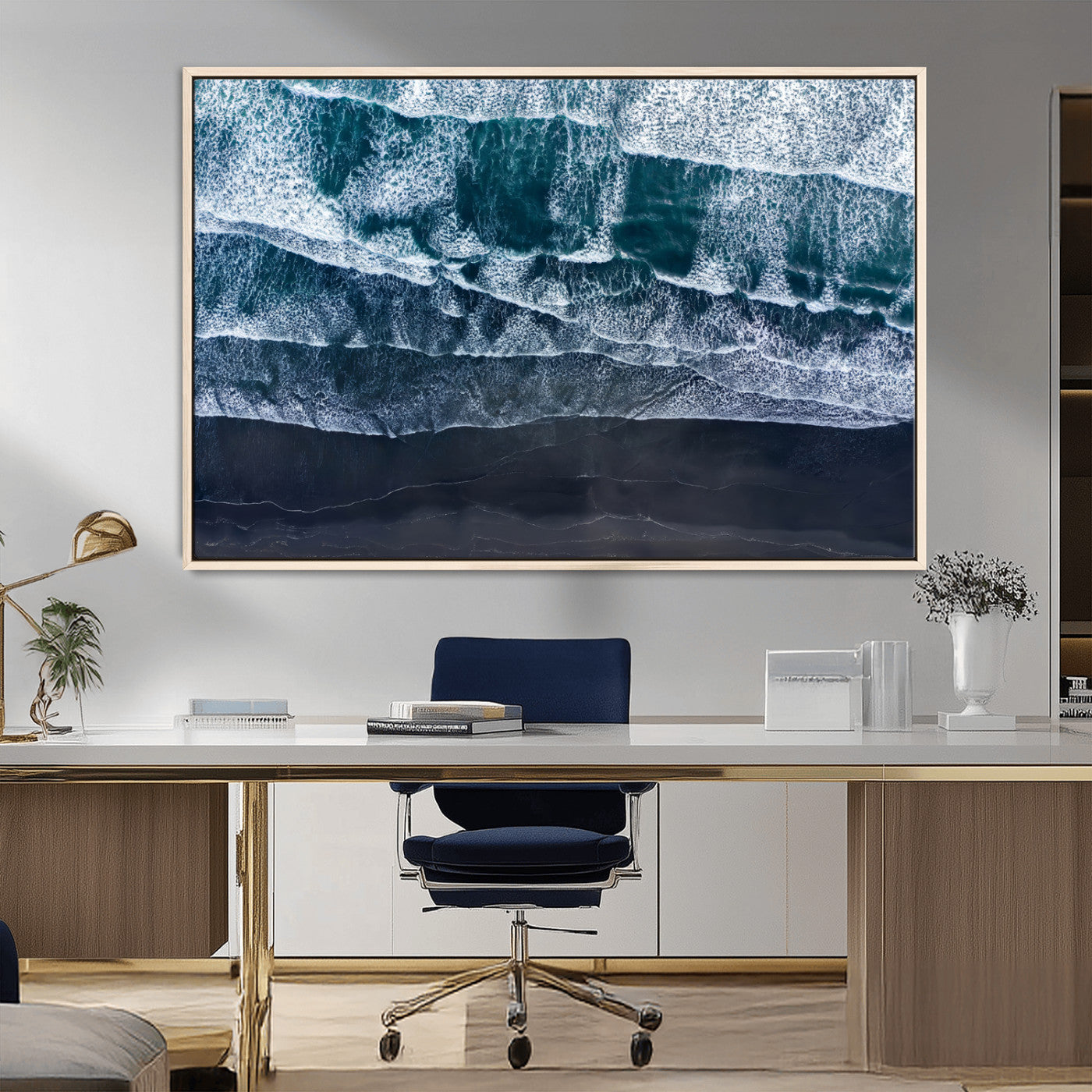 87941475-MGV-FC-36X24_Natural-Black Beach Wall Art Canvas Print, Framed Aerial Ocean Art Picture Print, Moody Coastal Perfect Modern Coastal Decor Artwork