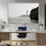 52284302-MGV-FC-36X24_Natural-Cliff Jumping Wall Art Canvas Print, Framed Ocean Adventure Art Picture Print, Black White Coast Perfect Modern Coastal Decor