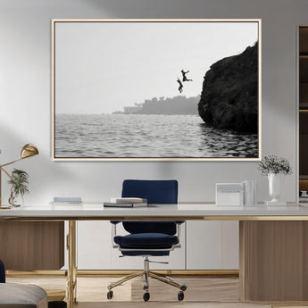 52284302-MGV-FC-36X24_Natural-Cliff Jumping Wall Art Canvas Print, Framed Ocean Adventure Art Picture Print, Black White Coast Perfect Modern Coastal Decor