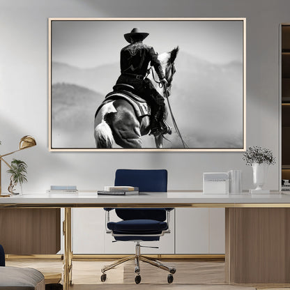 83102464-MGV-CV-36X24-Western Cowboy Wall Art Canvas Print, Framed Monochrome Horse Art Picture Print, Western Equestrian Perfect Rustic Western Decor