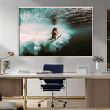 85923512-MGV-CV-36X24-Aquatic Motion Wall Art Canvas Print, Framed Underwater Swimming Art Picture Print, Female Surfer Diving Perfect Coastal Boho