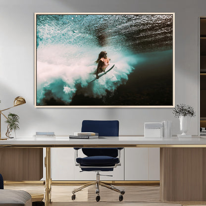 85923512-MGV-CV-36X24-Aquatic Motion Wall Art Canvas Print, Framed Underwater Swimming Art Picture Print, Female Surfer Diving Perfect Coastal Boho