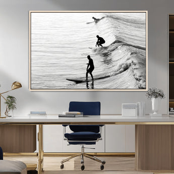 19875284-MGV-CV-36X24-Surfer Waves Wall Art Canvas Print, Framed Black White Surf Art Picture Print, Monochrome Ocean Perfect Modern Coastal Decor