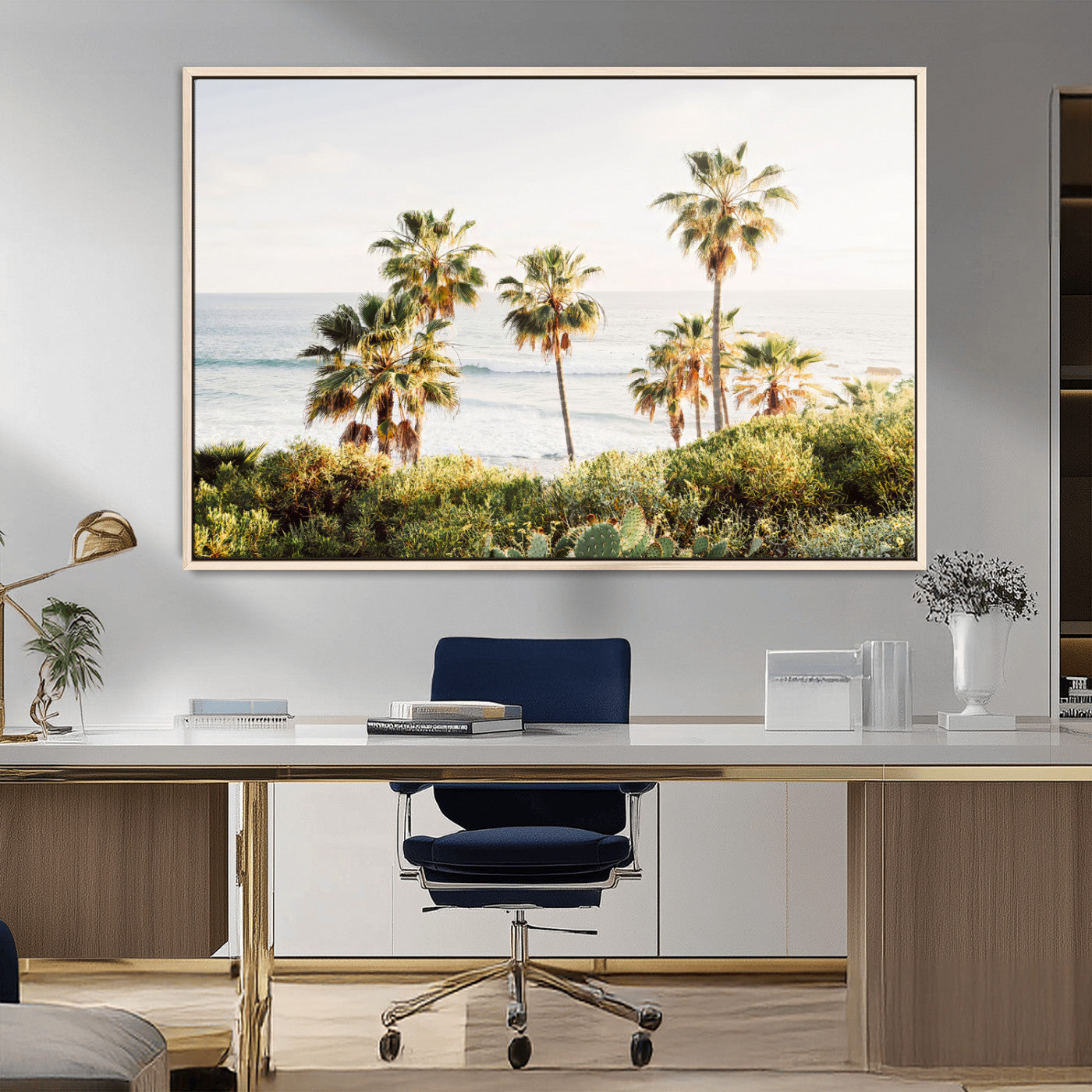 94707294-MGV-FC-36X24_Natural-California Coast Wall Art Canvas Print, Framed Palm Trees Art Picture Print, Coastal Landscape Perfect Coastal Minimalist Decor