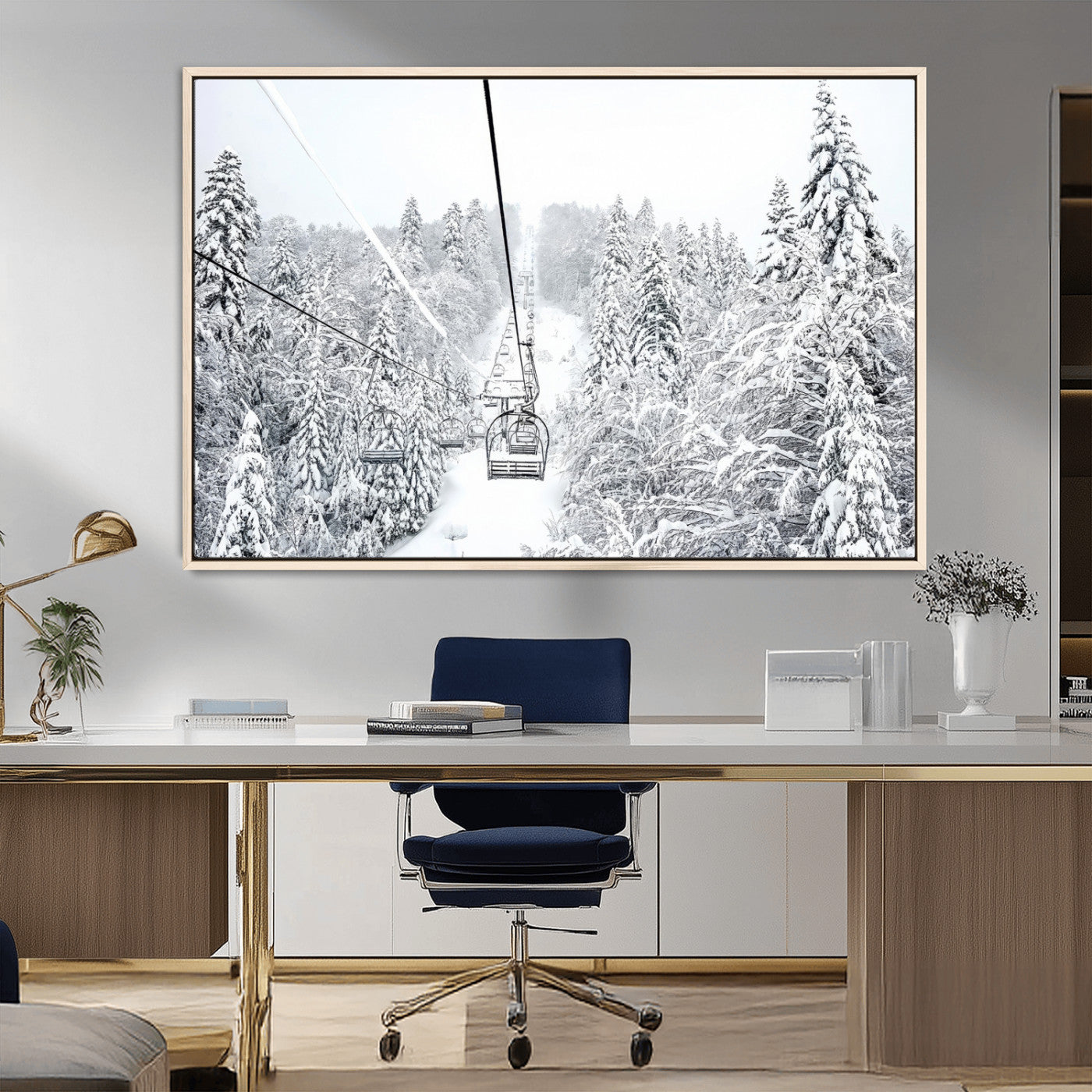 44705668-MGV-FC-36X24_Natural-Winter Forest Wall Art Canvas Print, Framed Snowy Forest Art Picture Print, Ski Lift Perfect Scandinavian Decor Artwork