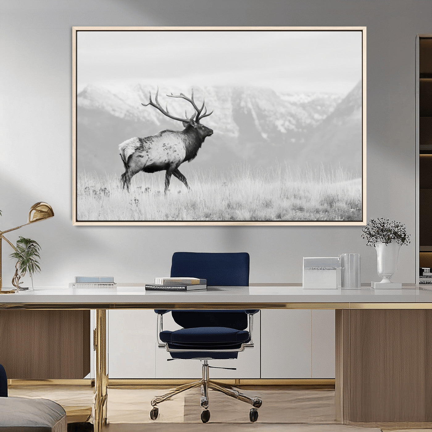62278753-MGV-CV-36X24-Monochrome Elk Wall Art Canvas Print, Framed Mountain Wildlife Art Picture Print, Rustic Nature Perfect Rustic Minimalist Decor