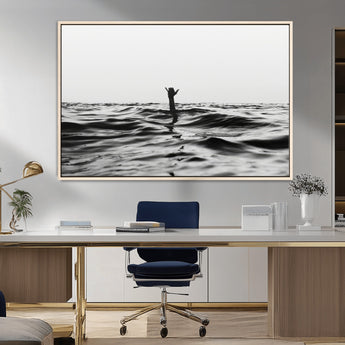 69541918-MGV-CV-36X24-Black White Ocean Wall Art Canvas Print, Framed Moody Seascape Art Picture Print, Surfer Sign Perfect Moody Minimalist Decor