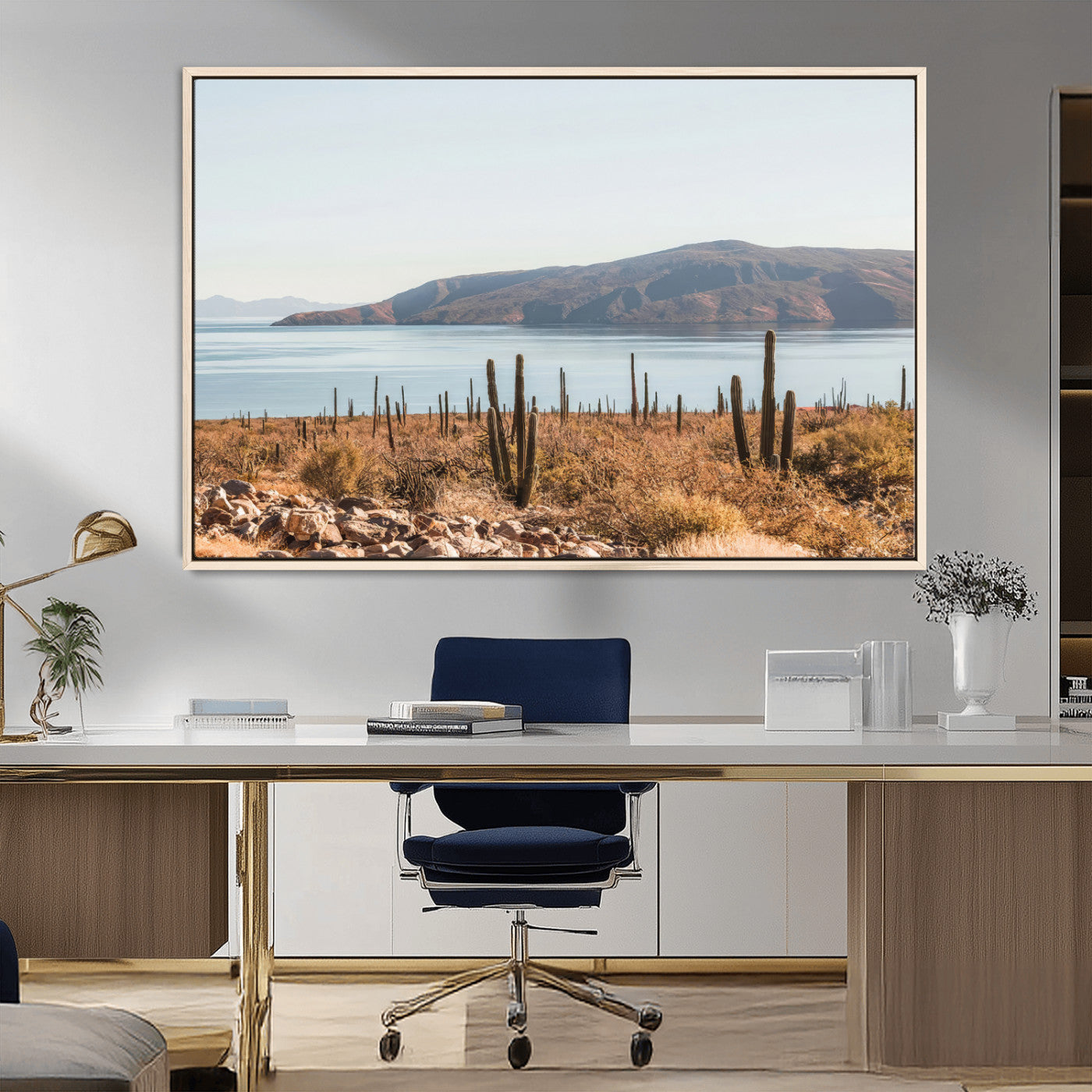 45193515-MGV-CV-36X24-Desert Cactus Wall Art Canvas Print, Framed Baja Coastline Art Picture Print, Coastal Desert Perfect Southwestern Minimalist Decor