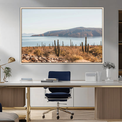 45193515-MGV-CV-36X24-Desert Cactus Wall Art Canvas Print, Framed Baja Coastline Art Picture Print, Coastal Desert Perfect Southwestern Minimalist Decor