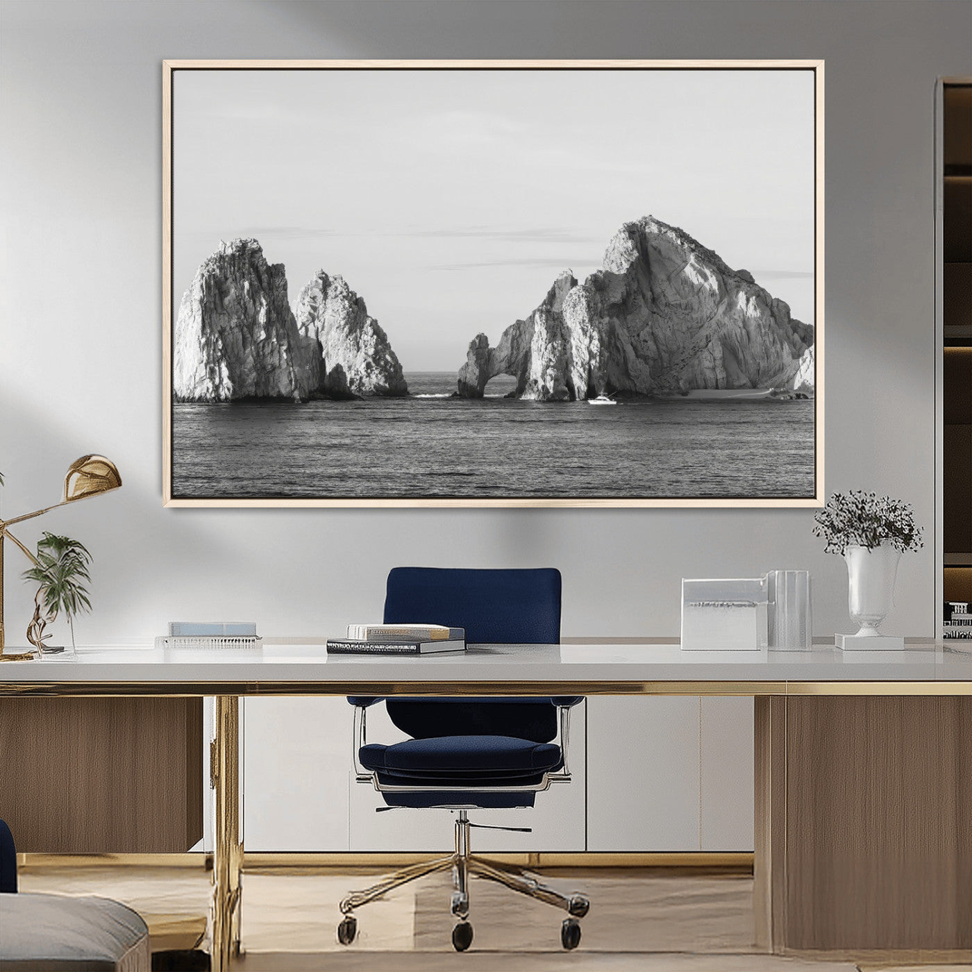 18810731-MGV-FC-36X24_Natural-Rugged Coastline Wall Art Canvas Print, Framed Ocean Cliffs Art Picture Print, Monochrome Seascape Perfect Coastal Minimalist