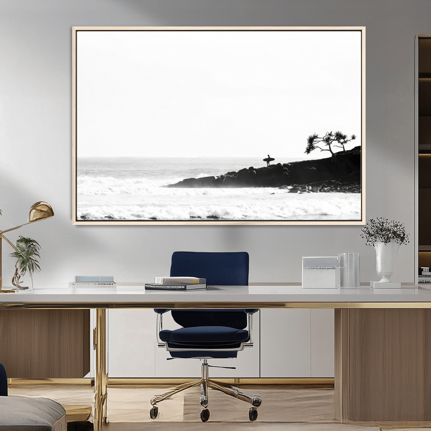 40875891-MGV-CV-36X24-SurferCliffs Wall Art Canvas Print, Framed Black White Beach Art Picture Print, Ocean Waves Perfect Minimalist Coastal Decor