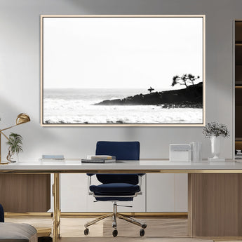 40875891-MGV-CV-36X24-SurferCliffs Wall Art Canvas Print, Framed Black White Beach Art Picture Print, Ocean Waves Perfect Minimalist Coastal Decor