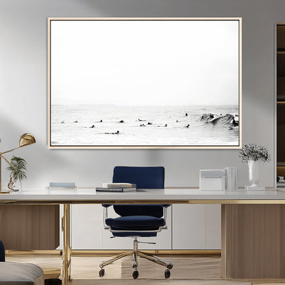 38441169-MGV-FC-36X24_Natural-Monochrome Swimming Wall Art Canvas Print, Framed Ocean Horizon Art Picture Print, Moody Coastal Perfect Minimalist Coastal Decor