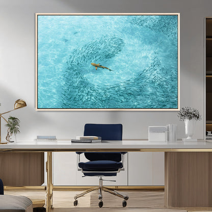 43671474-MGV-CV-36X24-Fish Swarm Wall Art Canvas Print, Framed Marine Life Art Picture Print, Shark Aerial Perfect Wildlife Coastal Decor Artwork