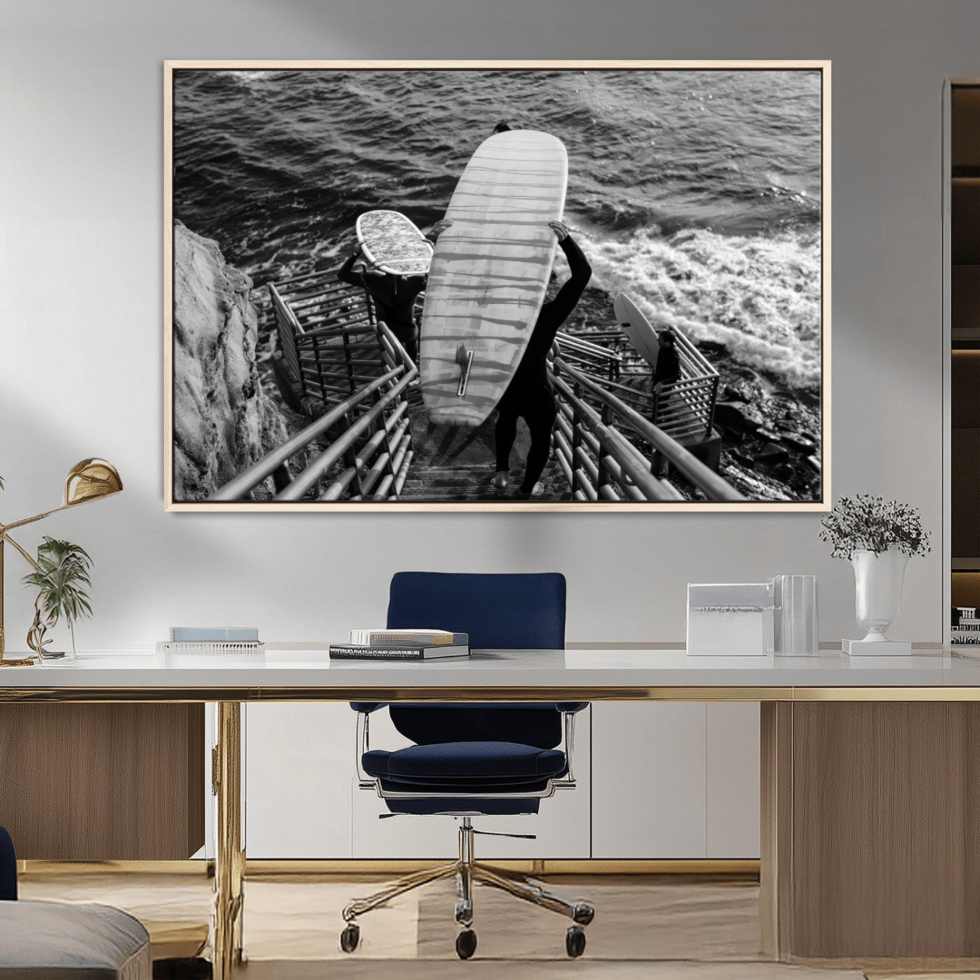 32353707-MGV-CV-36X24-Black White Surfing Wall Art Canvas Print, Framed Coastal Surfing Art Picture Print, Wave Riders Perfect Coastal Adventure Decor