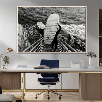 32353707-MGV-CV-36X24-Black White Surfing Wall Art Canvas Print, Framed Coastal Surfing Art Picture Print, Wave Riders Perfect Coastal Adventure Decor