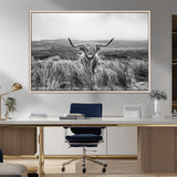 24051061-MGV-FC-36X24_Natural-Monochrome Highland Cow Wall Art Canvas Print, Framed Scottish Bull Art Picture Print, Lone Cattle Perfect Rustic Farmhouse Decor