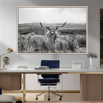 24051061-MGV-FC-36X24_Natural-Monochrome Highland Cow Wall Art Canvas Print, Framed Scottish Bull Art Picture Print, Lone Cattle Perfect Rustic Farmhouse Decor