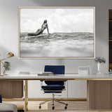 69798068-MGV-CV-36X24-Black White Surfing Wall Art Canvas Print, Framed Ocean Horizon Art Picture Print, Surfer Girl Perfect Coastal Adventure Decor