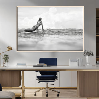 69798068-MGV-CV-36X24-Black White Surfing Wall Art Canvas Print, Framed Ocean Horizon Art Picture Print, Surfer Girl Perfect Coastal Adventure Decor