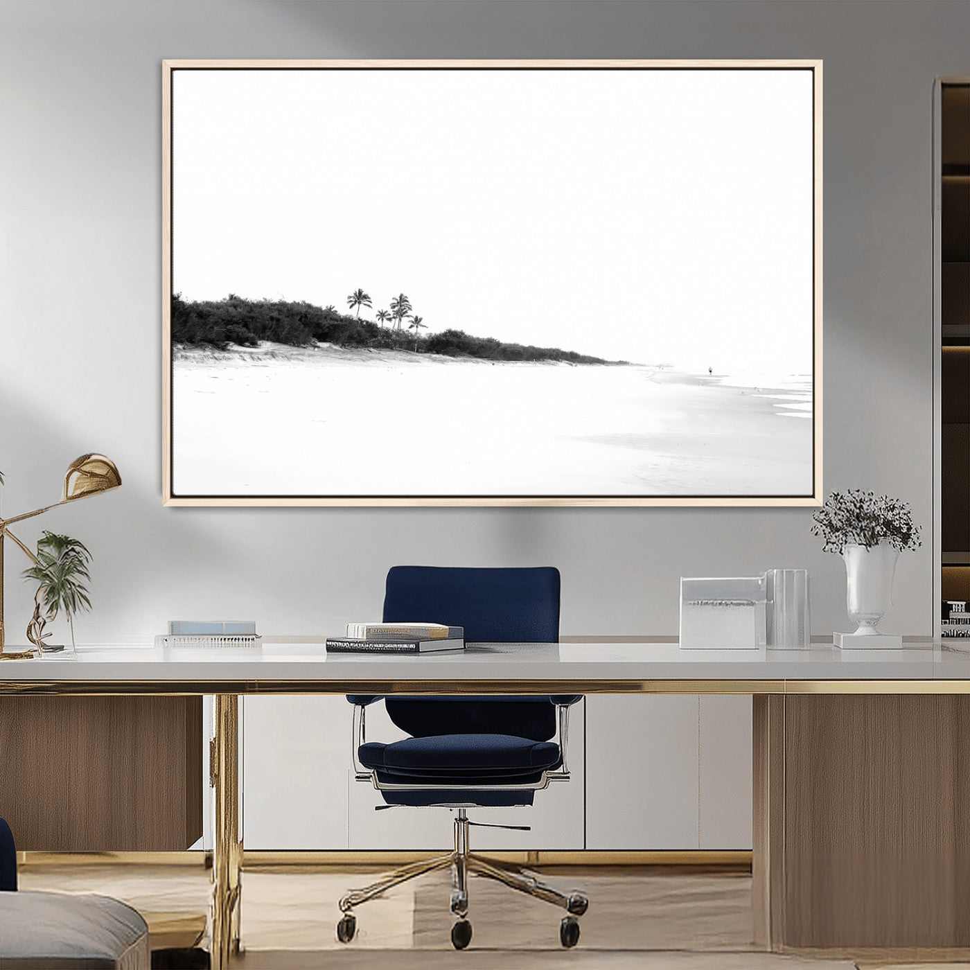 29611516-MGV-FC-36X24_Natural-Black White Beach Wall Art Canvas Print, Framed Palm Trees Art Picture Print, Monochrome Tropical Perfect Minimalist Coastal Decor