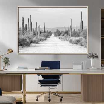 35537313-MGV-FC-36X24_Natural-Monochrome Desert Wall Art Canvas Print, Framed Cactus Path Art Picture Print, Southwestern Landscape Perfect Southwestern