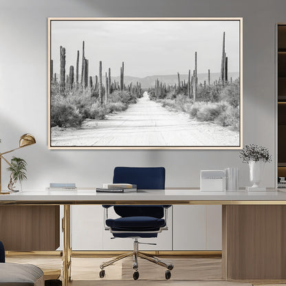 35537313-MGV-FC-36X24_Natural-Monochrome Desert Wall Art Canvas Print, Framed Cactus Path Art Picture Print, Southwestern Landscape Perfect Southwestern
