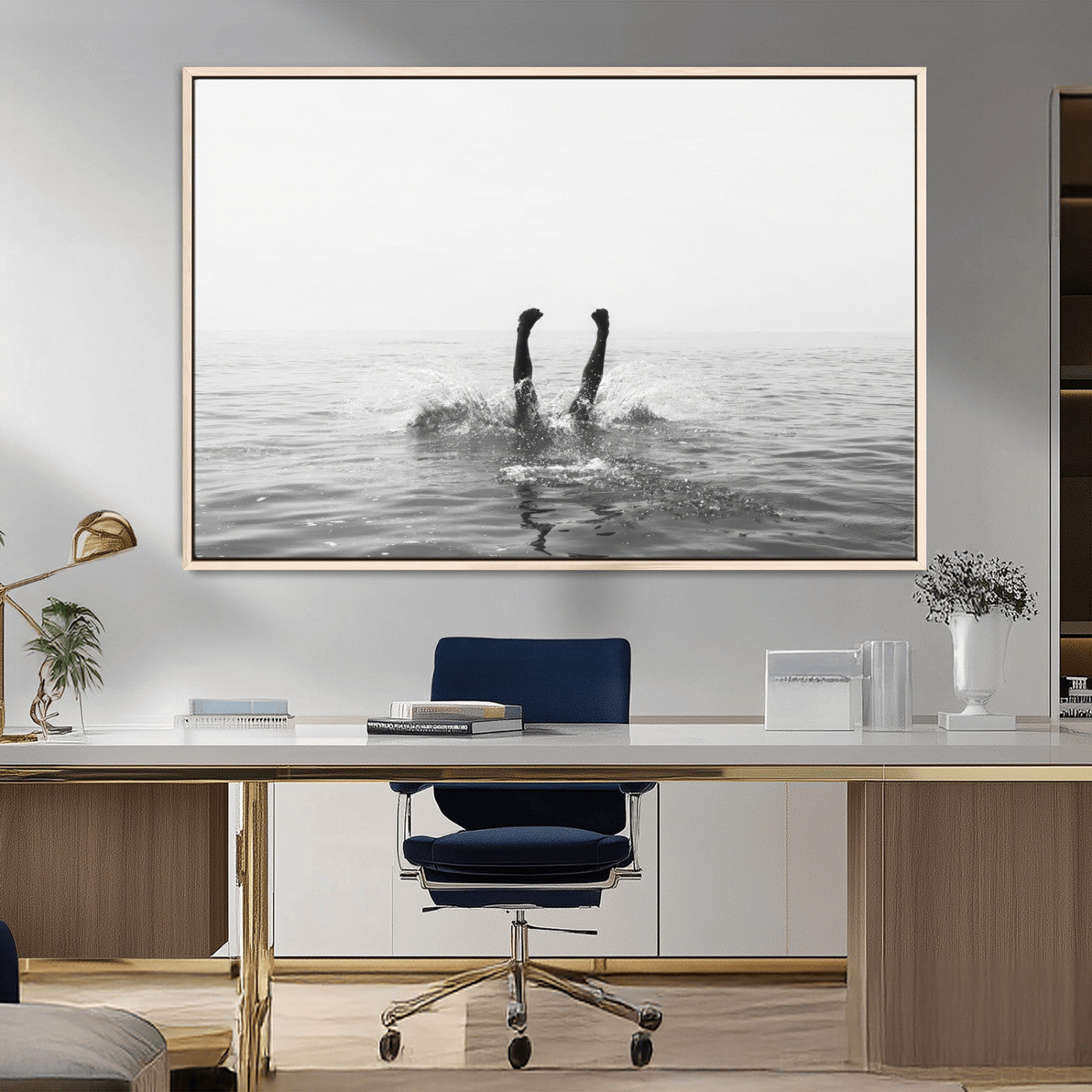 26667396-MGV-CV-36X24-Black White Ocean Wall Art Canvas Print, Framed Monochrome Water Art Picture Print, Diving into Water Perfect Minimalist Aquatic