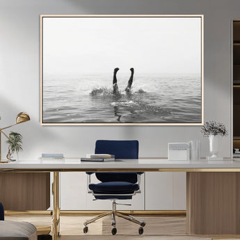 26667396-MGV-CV-36X24-Black White Ocean Wall Art Canvas Print, Framed Monochrome Water Art Picture Print, Diving into Water Perfect Minimalist Aquatic