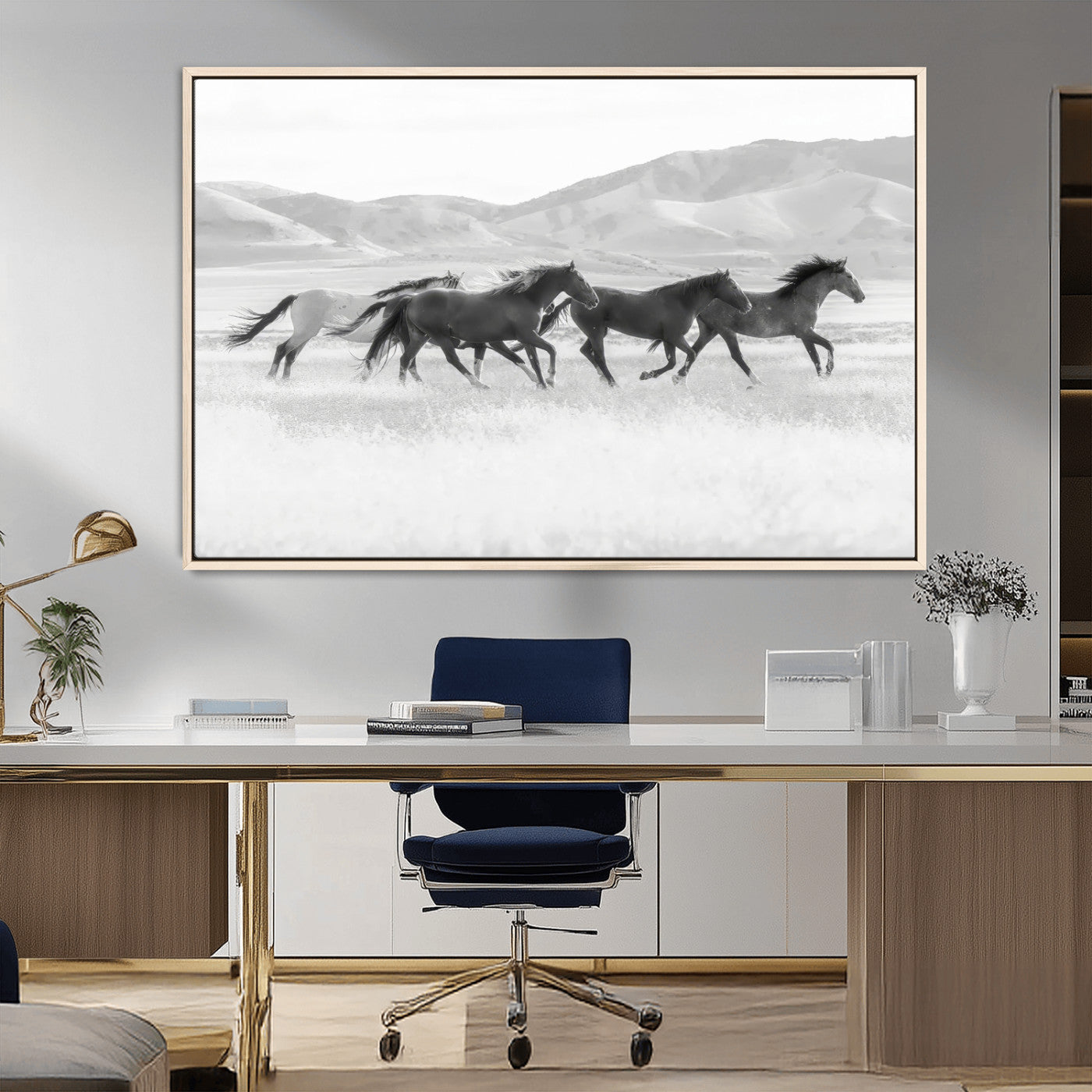 69934913-MGV-FC-36X24_Natural-Wild Horses Running Wall Art Canvas Print, Framed Black White Mustangs Art Picture Print, Rustic Western Perfect Rustic Western