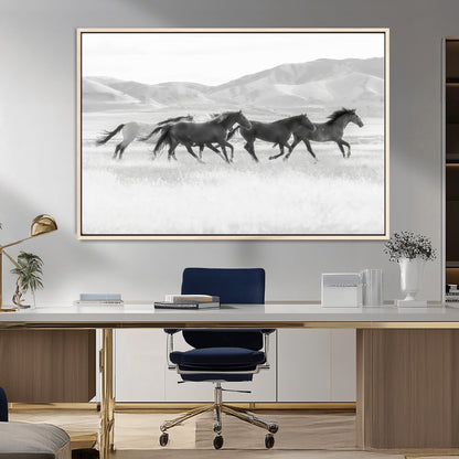 69934913-MGV-FC-36X24_Natural-Wild Horses Running Wall Art Canvas Print, Framed Black White Mustangs Art Picture Print, Rustic Western Perfect Rustic Western