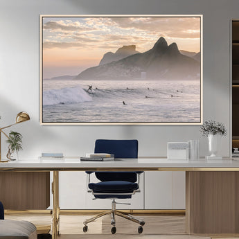 70644906-MGV-FC-36X24_Natural-Sunset Surfing Wall Art Canvas Print, Framed Misty Mountains Art Picture Print, Surfer Riding Wave Perfect Coastal Adventure Decor