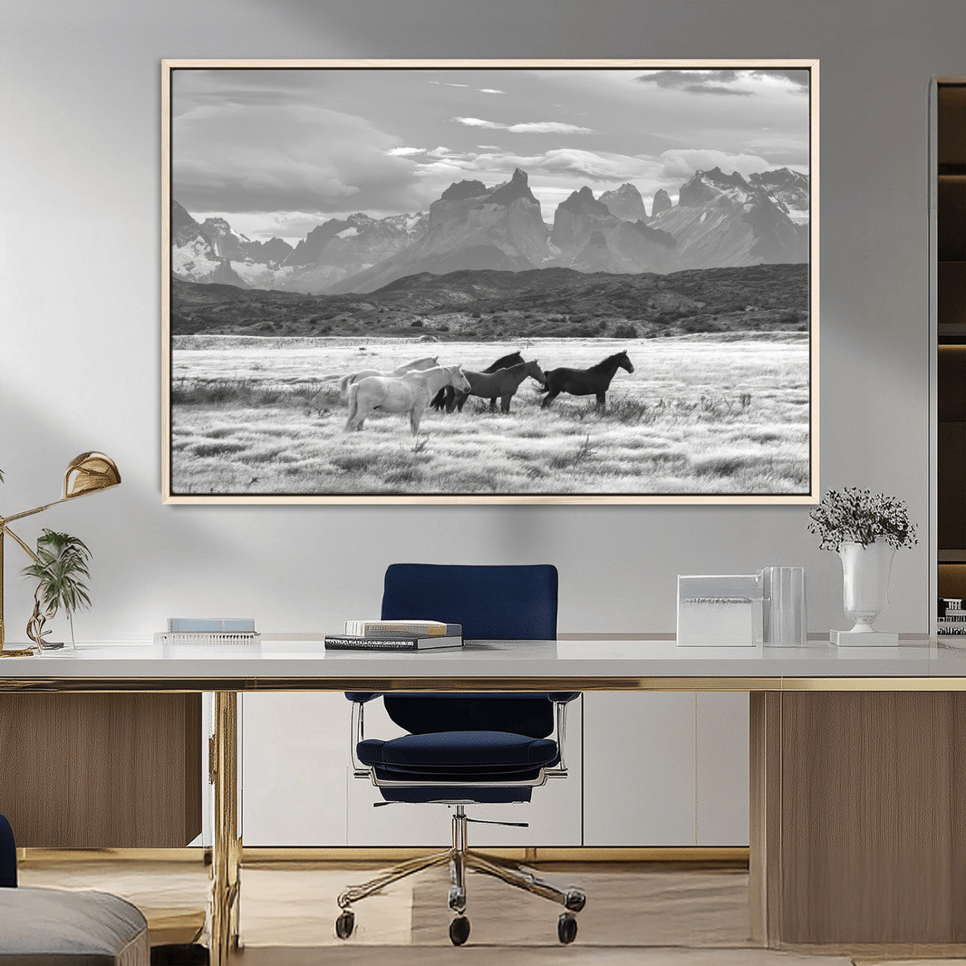 21655040-MGV-CV-36X24-Wild Horses Wall Art Canvas Print, Framed Black White Mountains Art Picture Print, Rustic Countryside Perfect Rustic Western Decor