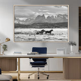 21655040-MGV-CV-36X24-Wild Horses Wall Art Canvas Print, Framed Black White Mountains Art Picture Print, Rustic Countryside Perfect Rustic Western Decor